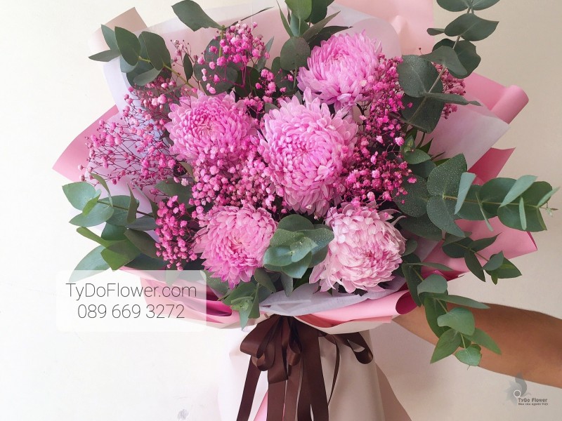 BÓ HOA CHÚC MỪNG BO1013 - Cúc mẫu đơn hồng