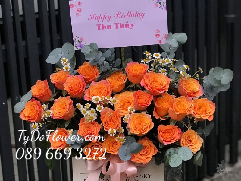 G122274 GIỎ HOA HỒNG CAM SPIRIT ROSE GIỎ HOA CHÚC MỪNG SINH NHẬT