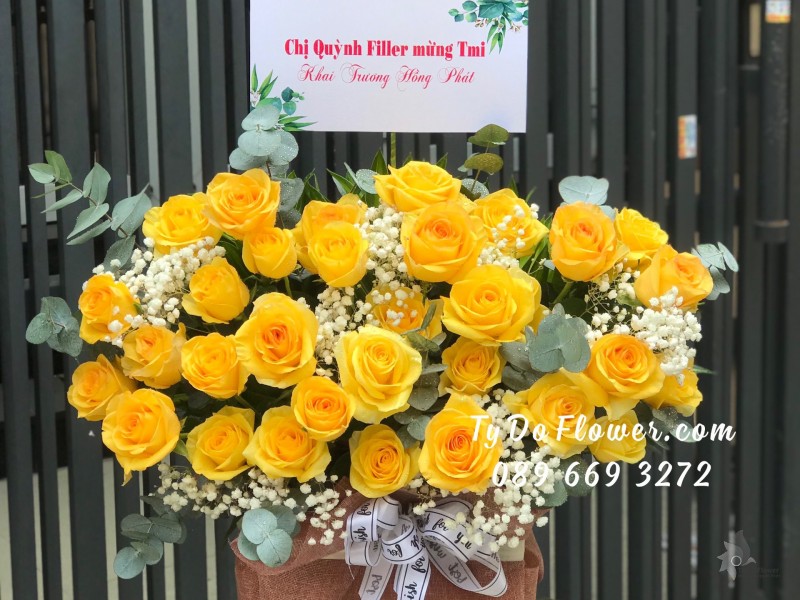 G0123273 GIỎ HOA HỒNG VÀNG HOA CHÚC MỪNG KHAI TRƯƠNG