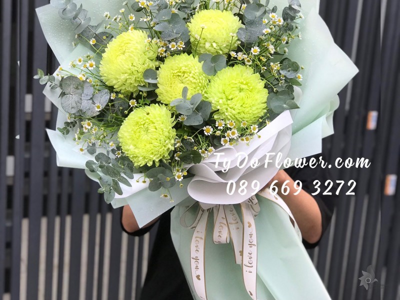 B0523633 BÓ HOA CÚC MẪU ĐƠN XANH CỐM