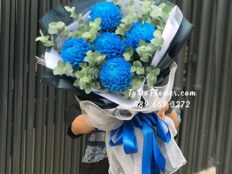 B0923987 BÓ HOA CÚC MẪU ĐƠN XANH DƯƠNG Hoa Chúc Mừng tặng Quý Ông