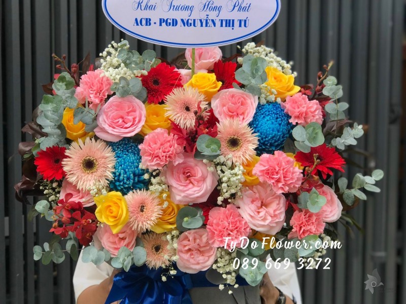 G12231203 GIỎ HOA CHÚC MỪNG KHAI TRƯƠNG HỒNG PHÁT thiết kế chủ đạo Hoa Hồng Ohara Pink Roses, Cúc Mẫu Đơn Xanh
