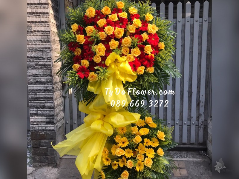 KCM01241317 KỆ HOA CHÚC MỪNG KHAI TRƯƠNG HỒNG PHÁT thiết kế tone màu đỏ vàng