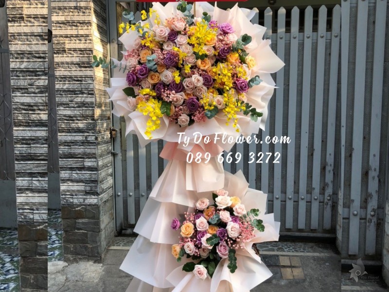 KCM01241325 KỆ HOA CHÚC MỪNG Khai Trương Hồng Phát, thiết kế tone màu hồng tím