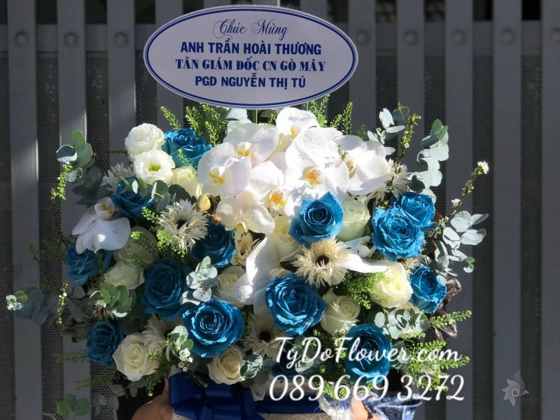 G02241382 GIỎ HOA CHÚC MỪNG TÂN GIÁM ĐỐC thiết kế tone màu trắng xanh dương, điểm nhấn Hoa Lan Hồ Điệp Trắng