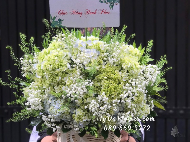 G04241496 GIỎ HOA CHÚC MỪNG HẠNH PHÚC thiết kế hoa cẩm tú cầu xanh bơ