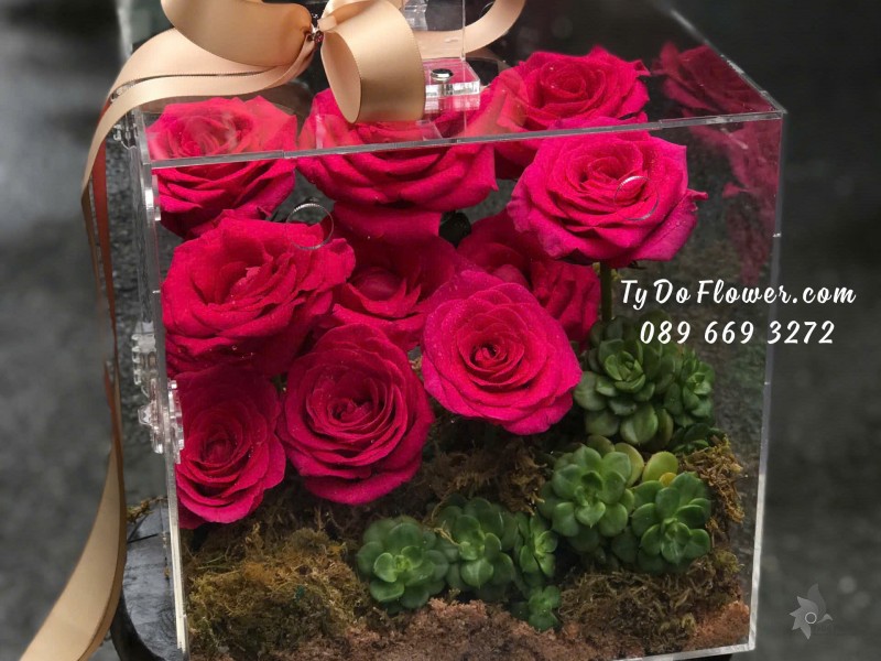 G09241892 HỘP QUÀ HOA TƯƠI CAO CẤP Thiết Kế Giỏ Mica, chủ đạo Hoa Hồng Pink Floyd, Hoa Sen Đá