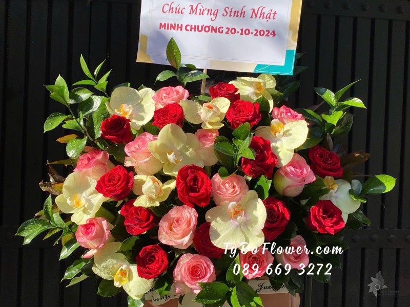 G10242026 GIỎ HOA CHÚC MỪNG SINH NHẬT thiết kế Hoa Hồng Đỏ Ecuador, Hồng Song Hỷ, Lan Hồ Điệp