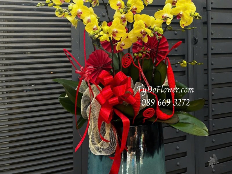 L012527 CHẬU 09 CÀNH LAN HỒ ĐIỆP VÀNG Hoa Chúc Mừng trang trí phụ kiện sang trọng