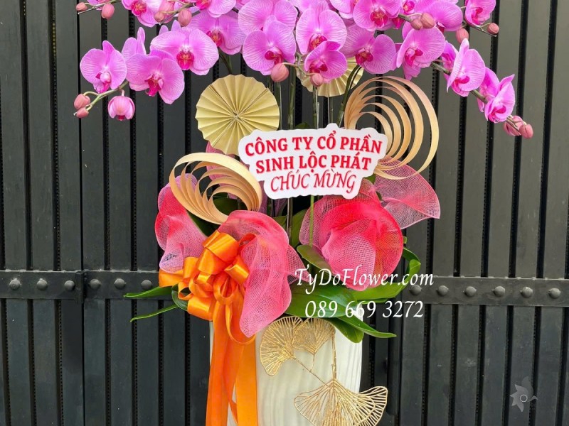 L012530 CHẬU 08 CÀNH LAN HỒ ĐIỆP HỒNG Hoa Chúc Mừng trang trí phụ kiện sang trọng