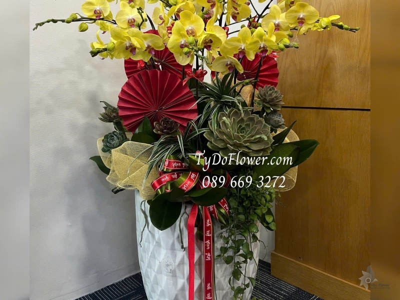 L012532 CHẬU 12 CÀNH LAN HỒ ĐIỆP VÀNG Hoa Chúc Mừng trang trí phụ kiện, hoa sen đá, cây xanh tiểu cảnh