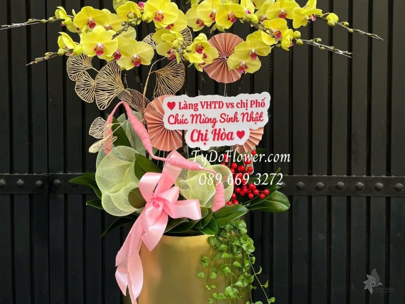 L012533 CHẬU 09 CÀNH LAN HỒ ĐIỆP VÀNG Hoa Chúc Mừng trang trí phụ kiện sang trọng và cây xanh tiểu cảnh