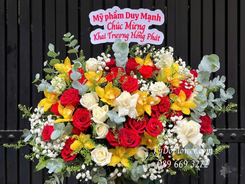 G012569 GIỎ HOA CHÚC MỪNG KHAI TRƯƠNG HỒNG PHÁT Thiết kế Hoa Hồng Đỏ Trắng, Hoa Địa Lan