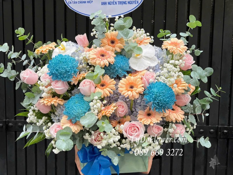 G0125153 GIỎ HOA CHÚC MỪNG NHẬN CHỨC Thiết kế tông màu hồng cam xanh dương, chủ đạo Hoa Hồng Kem Dâu, Cúc Mẫu Đơn Xanh Dương, Đồng Tiền Mini Cam