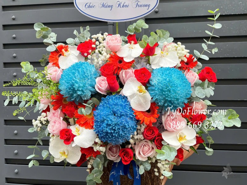 G0125156 GIỎ HOA CHÚC MỪNG KHAI TRƯƠNG Thiết kế tông màu đỏ hồng xanh dương, chủ đạo Hoa Cúc Mẫu Đơn Xanh Dương, Hoa Hồng Đỏ, Hoa Hồng Kem Dâu