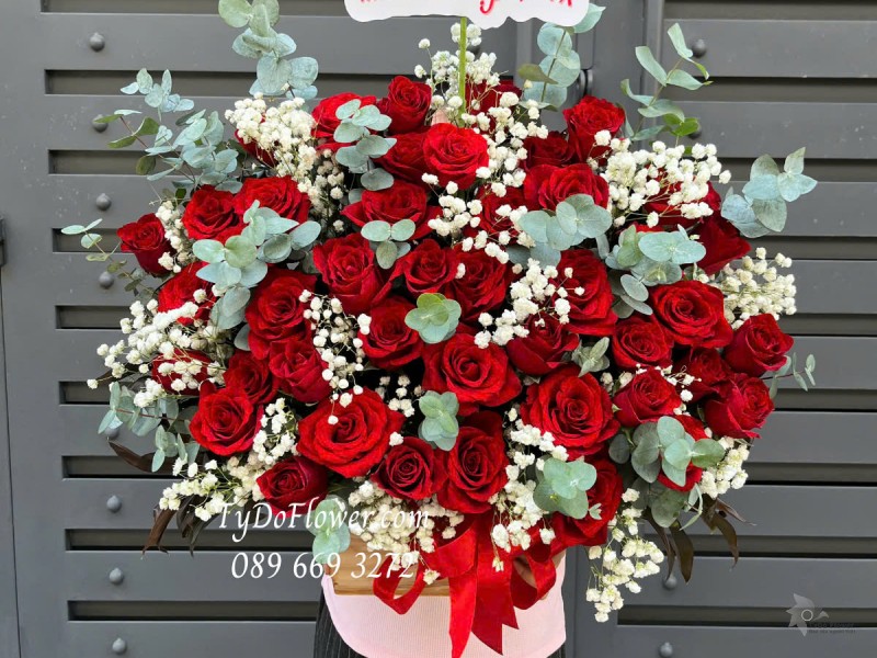 G0325225 GIỎ HOA CHÚC MỪNG Thiết kế Hoa Hồng Đỏ Ecuador, Baby Trắng