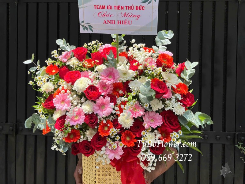 G0425300 GIỎ HOA CHÚC MỪNG Thiết kế gam màu đỏ hồng, Hoa Hồng Đỏ, Đồng Tiền Mini