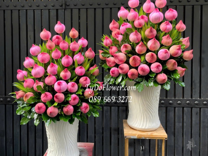 G0325329 MỘT CẶP 02 LẴNG HOA SEN HỒNG Trang trí Gia Tiên, bàn thờ cúng, dâng lễ Phật