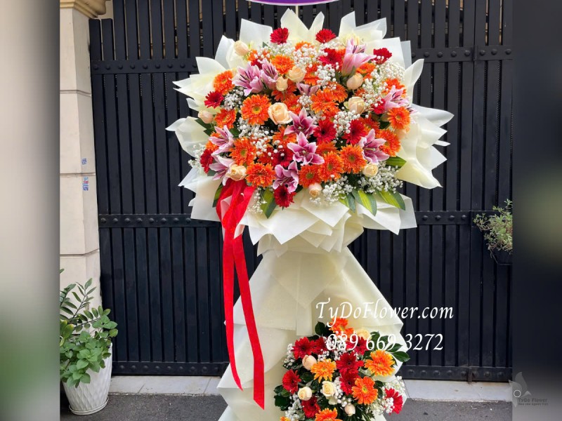 KCM0425332 KỆ HOA CHÚC MỪNG KHAI TRƯƠNG HỒNG PHÁT Thiết kế 02 tầng hoa, Hoa Hồng, Hoa Ly, Đồng Tiền