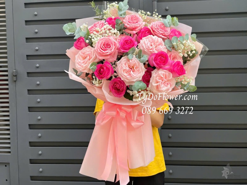 B0425337 BÓ HOA CHÚC MỪNG Thiết kế Hoa Hồng Pink Ohara Roses, Hoa Hồng Sen Phật