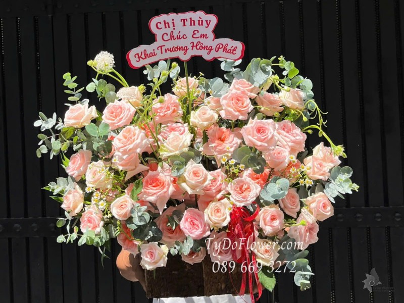 G0525391 GIỎ HOA CHÚC MỪNG KHAI TRƯƠNG HỒNG PHÁT Thiết kế Hoa Hồng Pink Ohara Roses