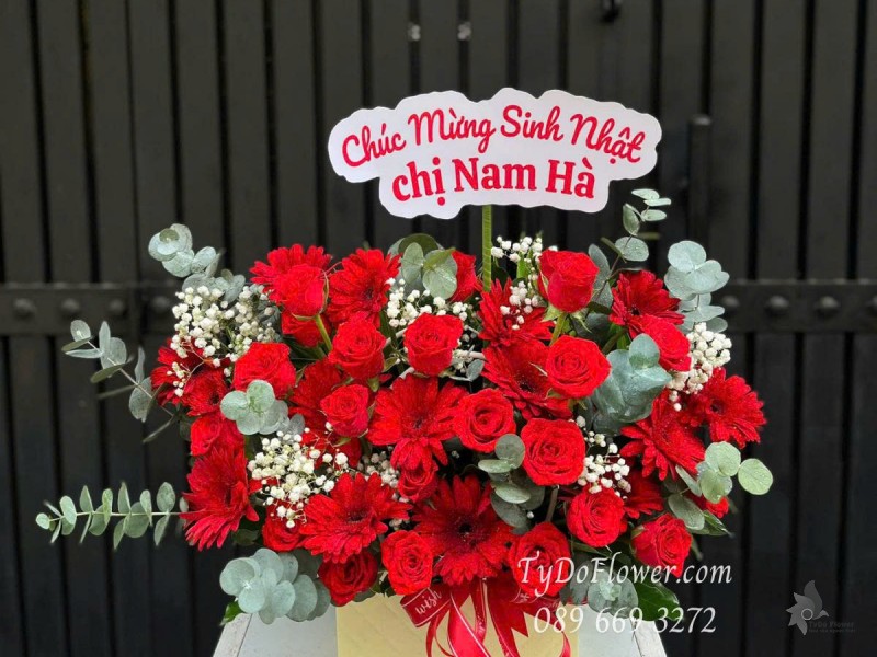 G0625463 GIỎ HOA CHÚC MỪNG SINH NHẬT Thiết kế Hoa Hồng Đỏ, Đồng Tiền Đỏ