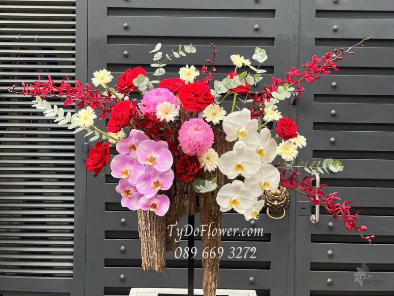 G0625473 LẴNG HOA CHÚC MỪNG Thiết kế phong cách Mộc chủ đạo Hoa Lan Hồ Điệp, Hoa Hồng Đỏ Ohara Roses, Lan Đỏ Mokara, Đồng Tiền Mini Trắng, Cúc Mẫu Đơn Hồng