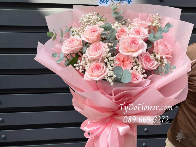 B0825579 BÓ HOA CHÚC MỪNG SINH NHẬT Thiết kế Hoa Hồng Pink Ohara Rose