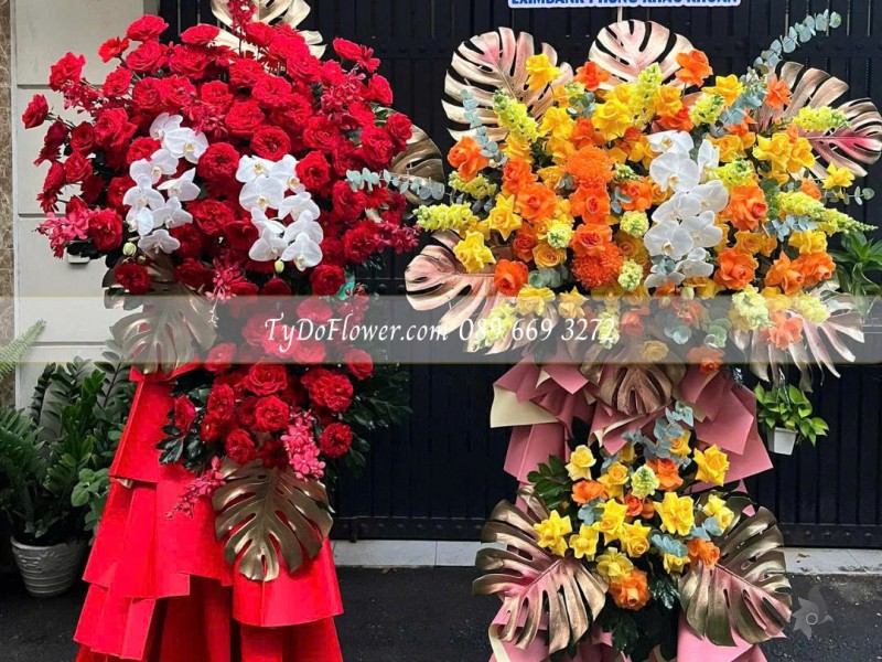 KCM0825623 MỘT CẶP KỆ HOA CHÚC MỪNG KHAI TRƯƠNG Thiết kế gam màu đỏ vàng cam