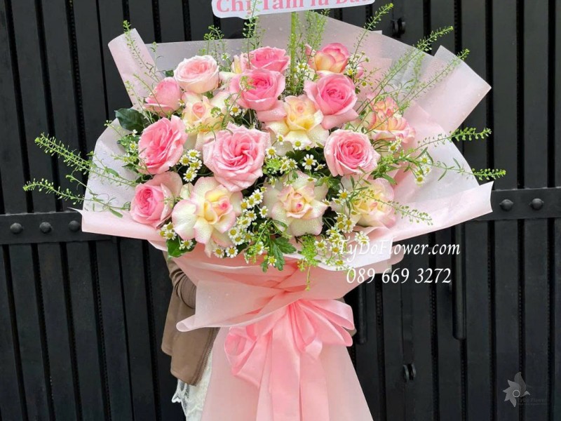 B0925708 BÓ HOA CHÚC MỪNG SINH NHẬT Thiết kế hoa hồng Pink Ohara, Song Hỷ