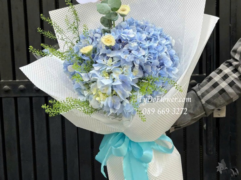 B1025810 BÓ HOA CHÚC MỪNG Thiết kế hoa cẩm tú cầu xanh dương
