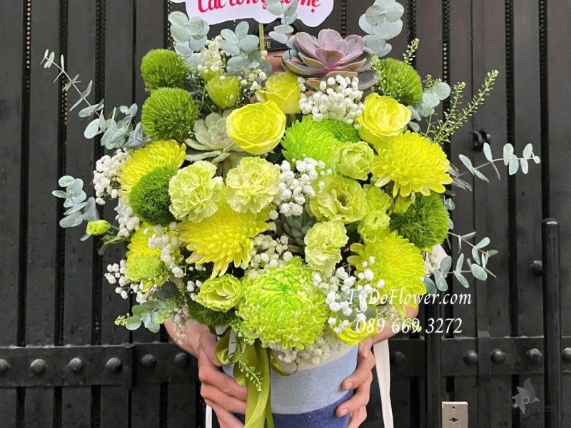 G1025816 GIỎ HOA CHÚC MỪNG Thiết kế gam màu xanh cốm, Cúc mẫu đơn, wicky, cát tường, phăng, hoa hồng, sen đá