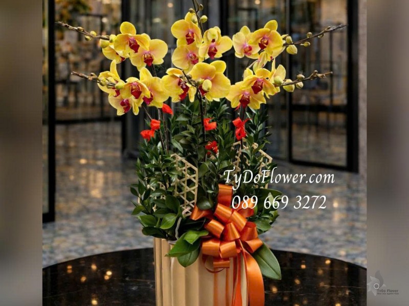  L0126001 CHẬU 06 CÀNH LAN HỒ ĐIỆP VÀNG Thiết kế lá xanh, phụ kiện trang trí cao cấp