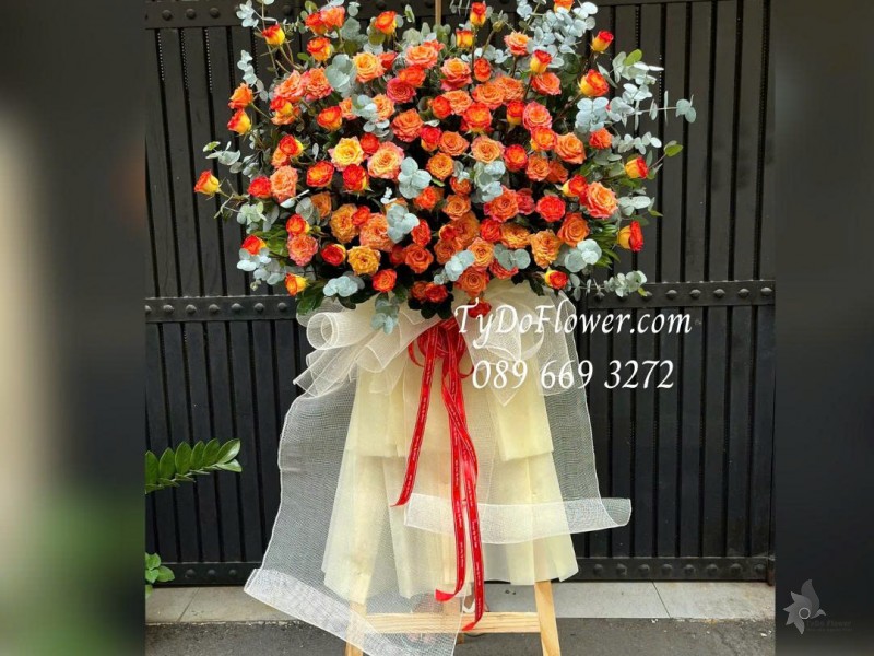 KCM0126040 KỆ HOA CHÚC MỪNG YEAR END PARTY Thiết kế Hoa Hồng Cam Spirit Rose, Hoa Hông Cam Cháy