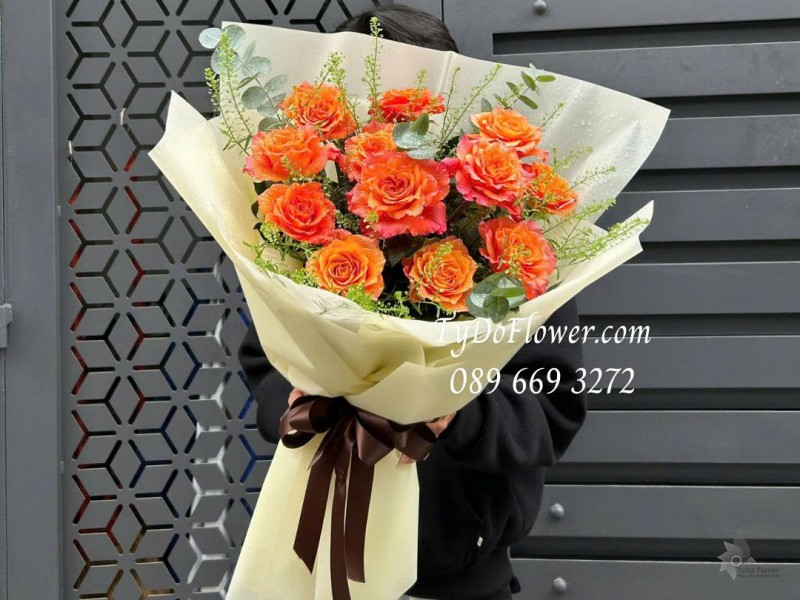 B0226140 BÓ HOA HỒNG CAM SPIRIT ROSE Hoa Chúc Mừng