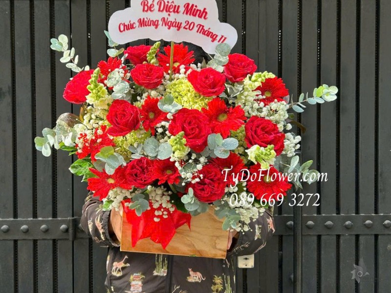 G0226150 GIỎ HOA CHÚC MỪNG NGÀY 20-11 Thiết kế hoa hồng đỏ Ohara, đồng tiền, cẩm tú cầu, mõm sói