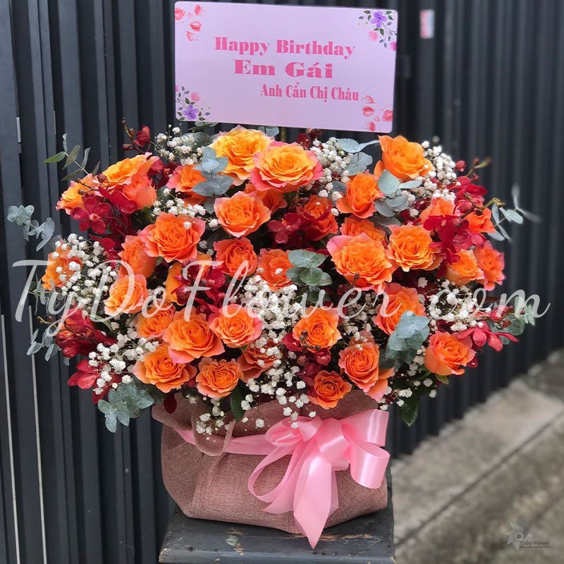G0123177 GIỎ HOA HỒNG CAM SPIRIT HOA CHÚC MỪNG SINH NHẬT