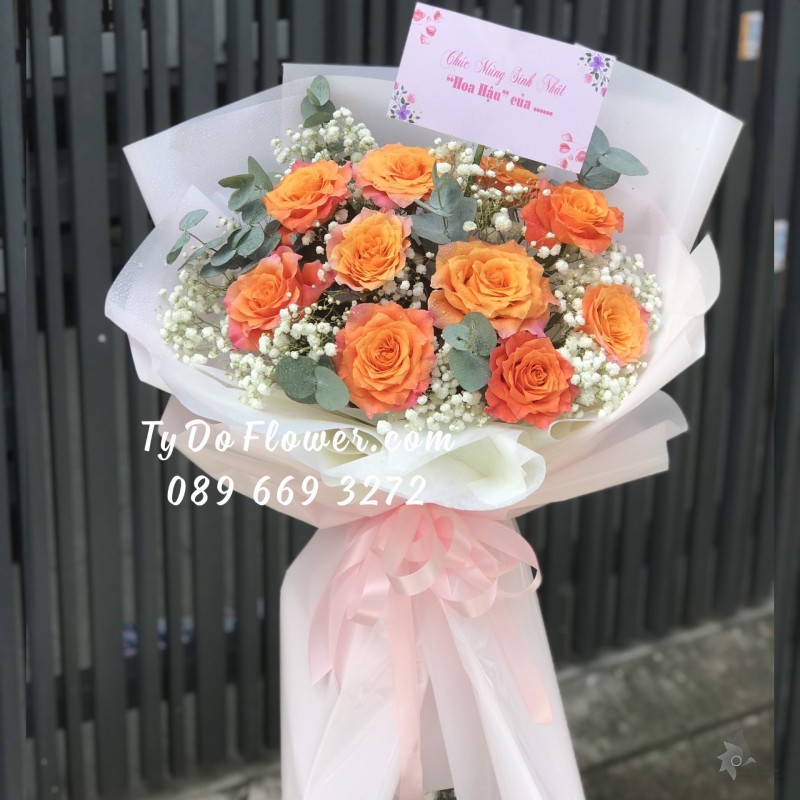 B0123214 BÓ HOA HỒNG CAM SPIRIT HOA CHÚC MỪNG SINH NHẬT