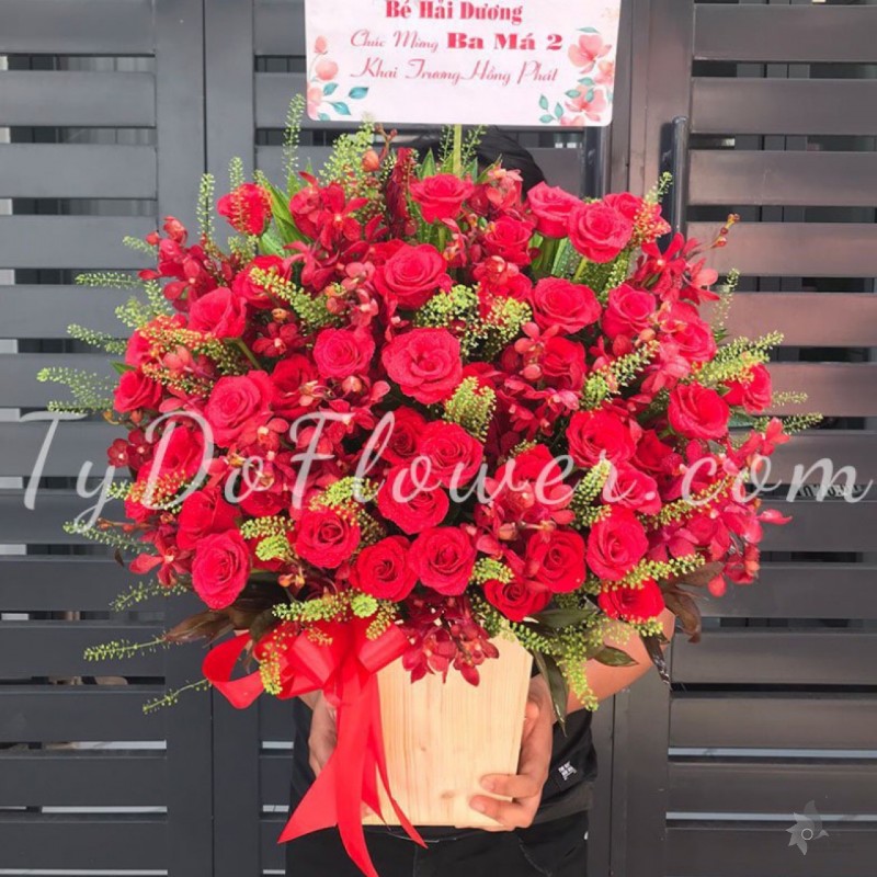 G0123261 GIỎ HOA HỒNG ĐỎ HOA CHÚC MỪNG KHAI TRƯƠNG