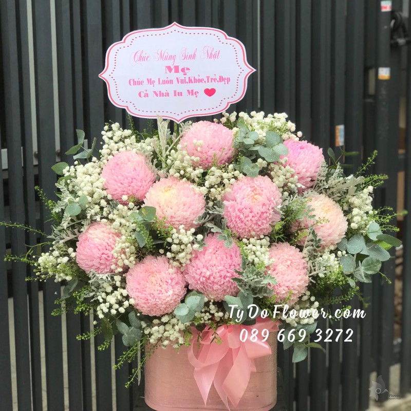 G0123267 GIỎ HOA CÚC MẪU ĐƠN HỒNG HOA CHÚC MỪNG SINH NHẬT MẸ