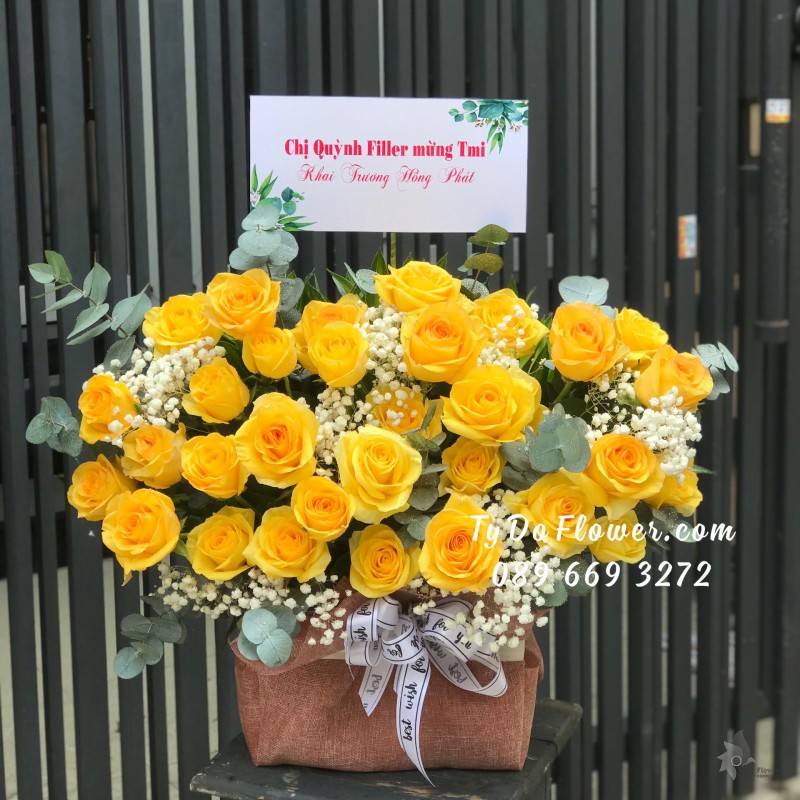 G0123273 GIỎ HOA HỒNG VÀNG HOA CHÚC MỪNG KHAI TRƯƠNG