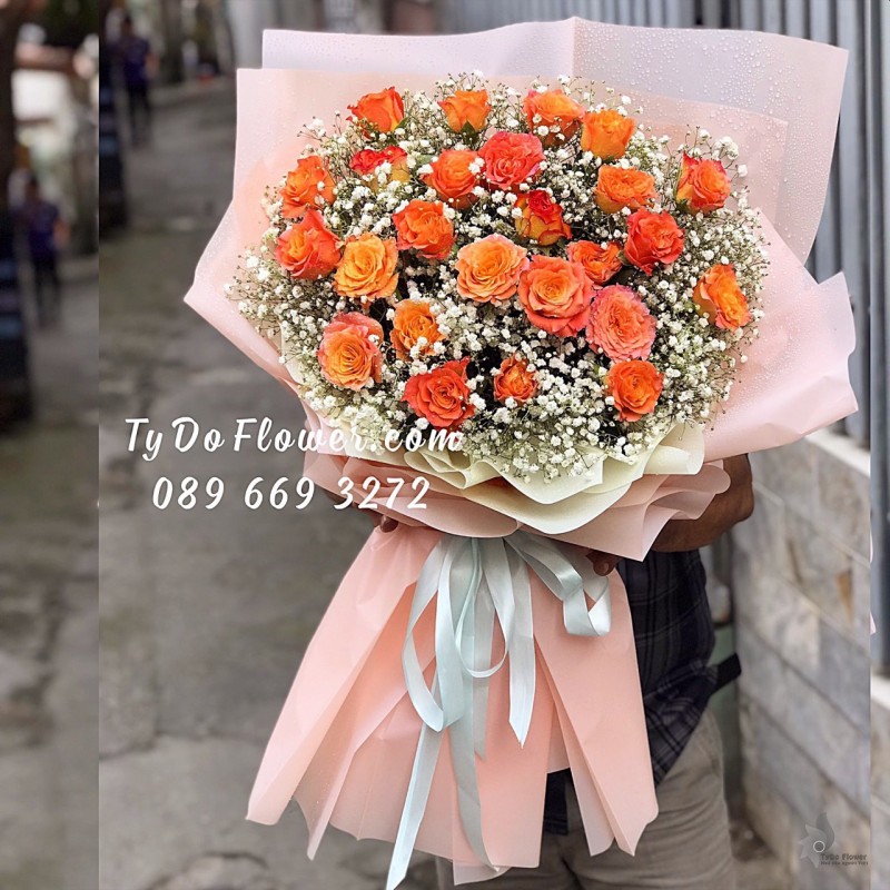 B0323367 BÓ HOA HỒNG CAM SPIRIT ROSES HOA CHÚC MỪNG