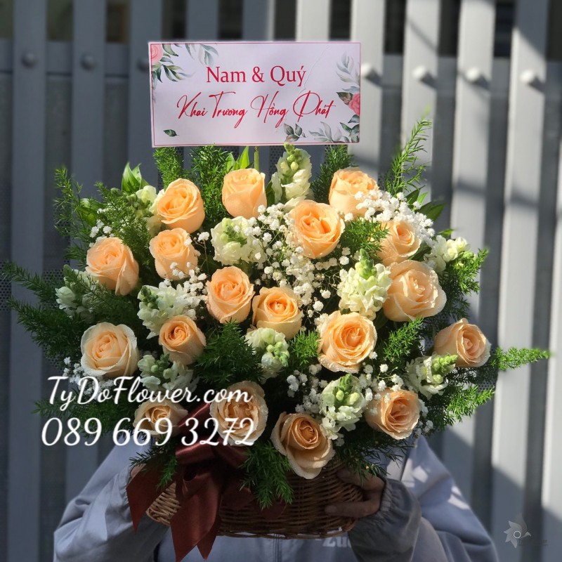 GIỎ HOA HỒNG CAM TRỨNG Hoa Chúc Mừng Khai Trương