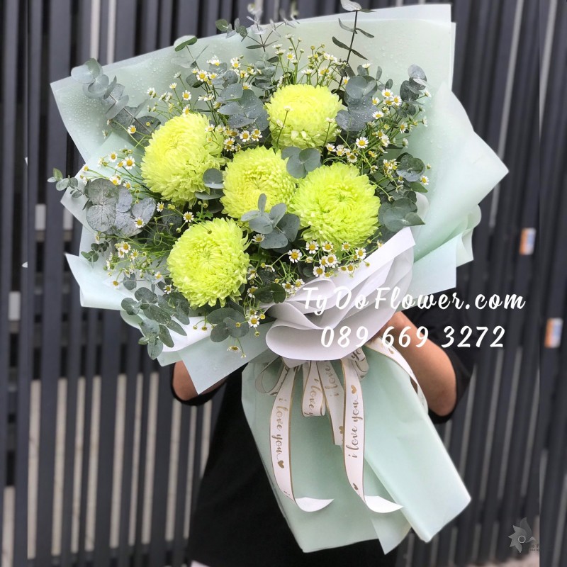B0523633 BÓ HOA CÚC MẪU ĐƠN XANH CỐM