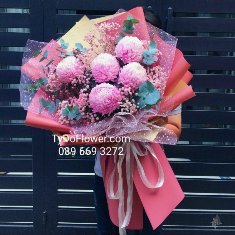 B0623735 BÓ HOA CÚC MẪU ĐƠN MÀU HỒNG Hoa Chúc Mừng ừ