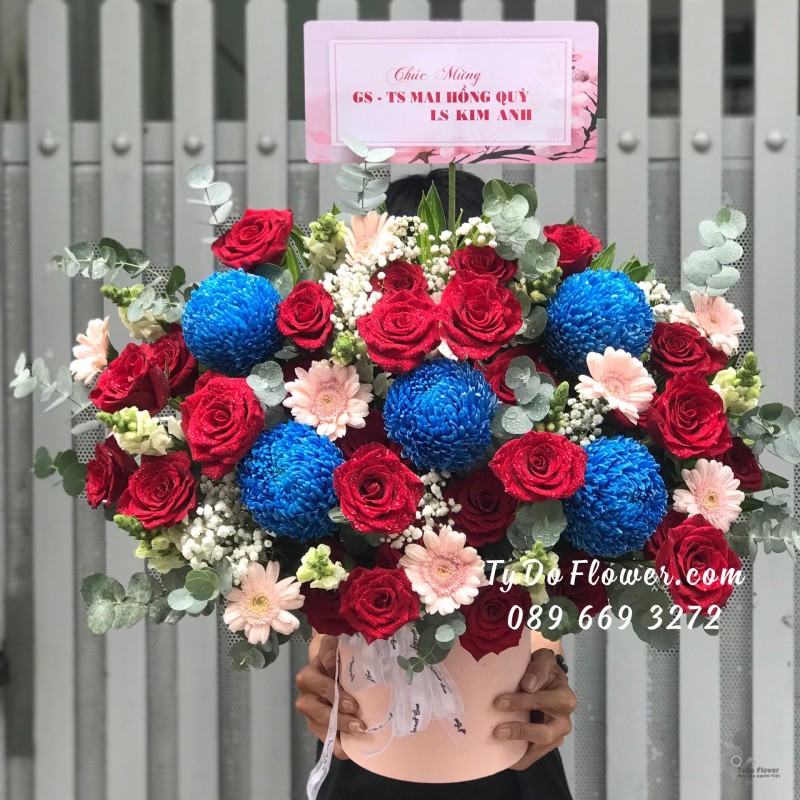 G0723848 GIỎ HOA HỒNG ĐỎ ECUADOR mix CÚC MẪU ĐƠN XANH DƯƠNG Hoa Chúc Mừng