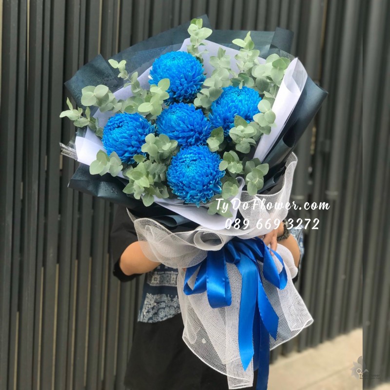 B0923987 BÓ HOA CÚC MẪU ĐƠN XANH DƯƠNG Hoa Chúc Mừng tặng Quý Ông