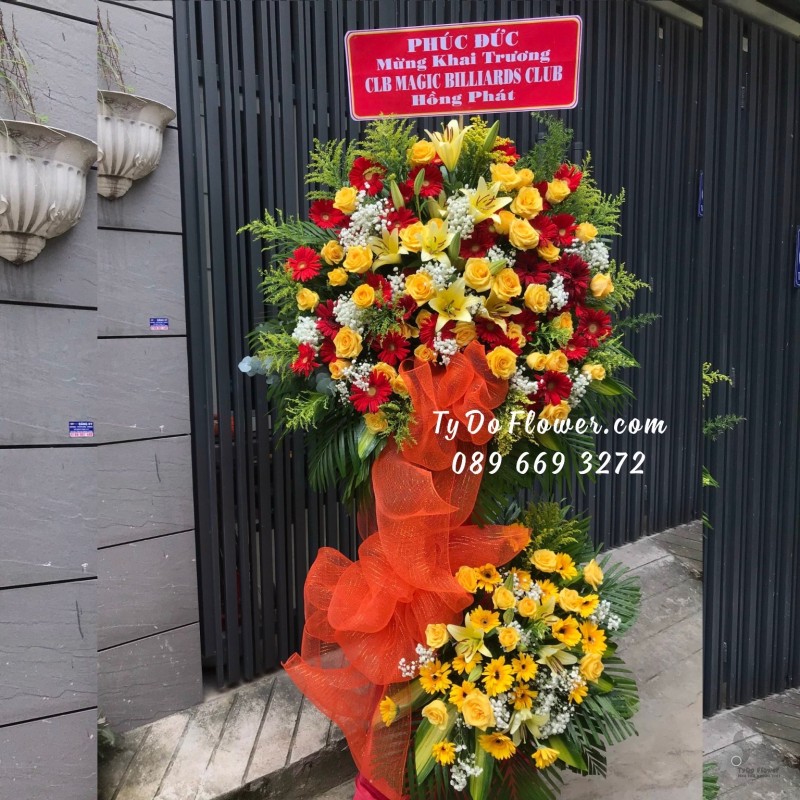 KCM0923999 KỆ HOA CHÚC MỪNG KHAI TRƯƠNG HỒNG PHÁT thiết kế tone màu đỏ vàng