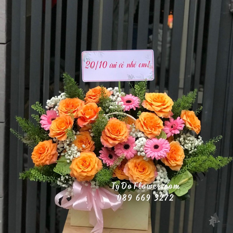 G102310106 GIỎ HOA CHÚC MỪNG thiết kế hoa hồng cam Spirit Roses, đồng tiền Mini hồng