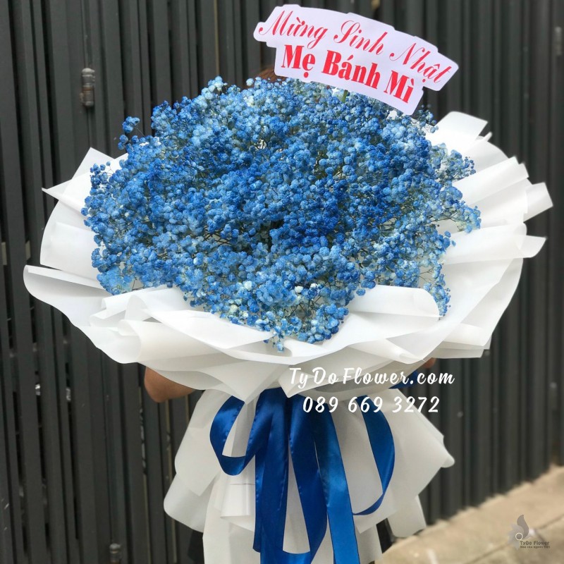 B11231119 BÓ HOA CHÚC MỪNG SINH NHẬT thiết kế hoa baby xanh dương